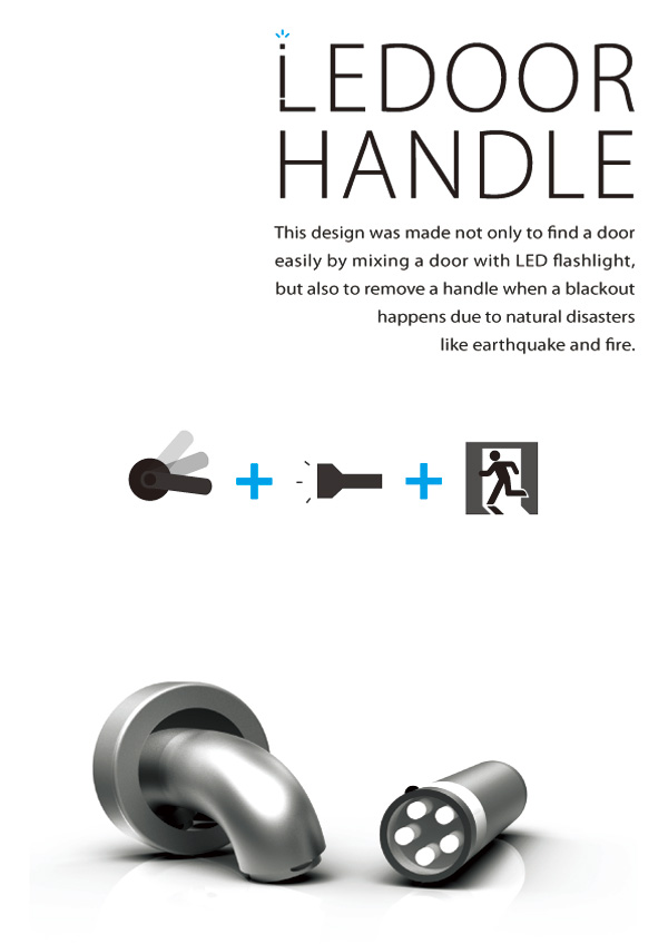 Door handle that turns into a mood light, lead light and a flash light
